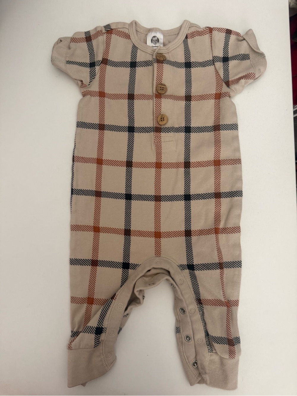 Gerber Beige Plaid Short-Sleeve Baby Footie